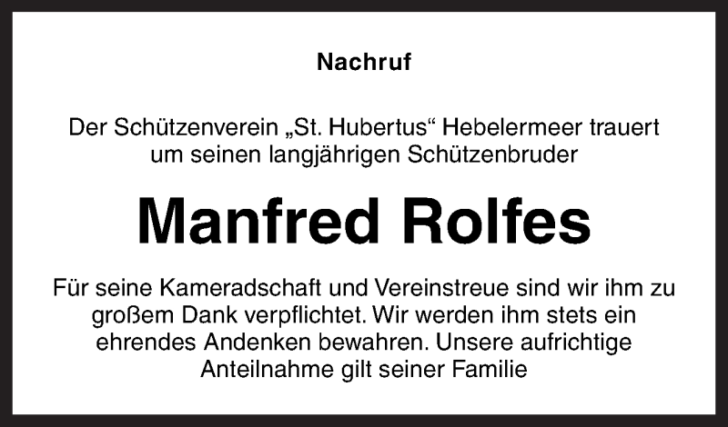  Traueranzeige für Manfred Rolfes vom 30.01.2021 aus Neue Osnabrücker Zeitung GmbH & Co. KG