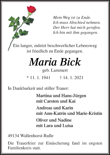 Traueranzeige von Maria Bick von Neue Osnabrücker Zeitung GmbH & Co. KG