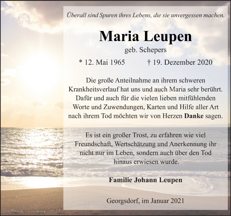  Traueranzeige für Maria Leupen vom 30.01.2021 aus Neue Osnabrücker Zeitung GmbH & Co. KG