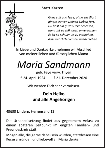 Traueranzeige von Maria Sandmann von Neue Osnabrücker Zeitung GmbH & Co. KG