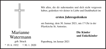 Traueranzeige von Marianne Watermann von Neue Osnabrücker Zeitung GmbH & Co. KG