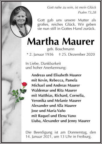 Traueranzeige von Martha Maurer von Neue Osnabrücker Zeitung GmbH & Co. KG
