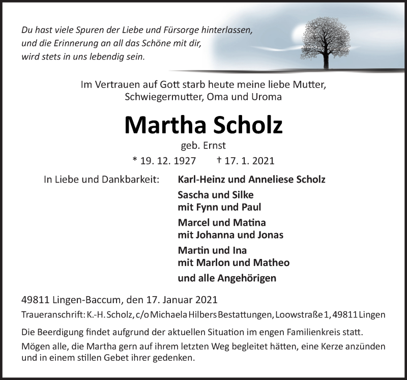  Traueranzeige für Martha Scholz vom 20.01.2021 aus Neue Osnabrücker Zeitung GmbH & Co. KG