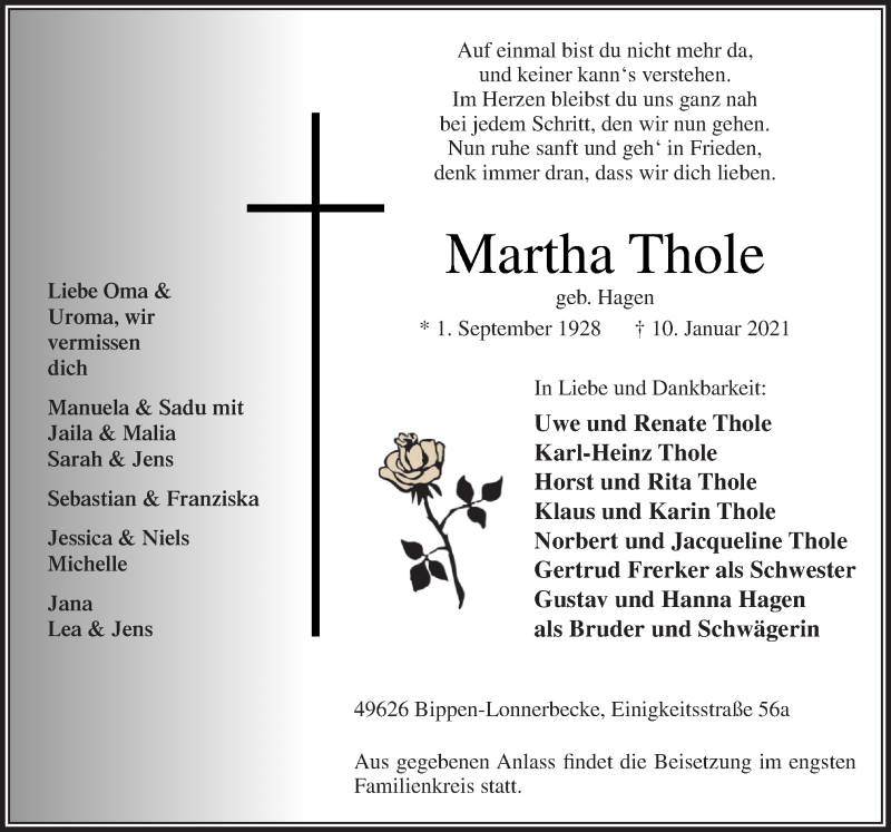  Traueranzeige für Martha Thole vom 12.01.2021 aus Neue Osnabrücker Zeitung GmbH & Co. KG
