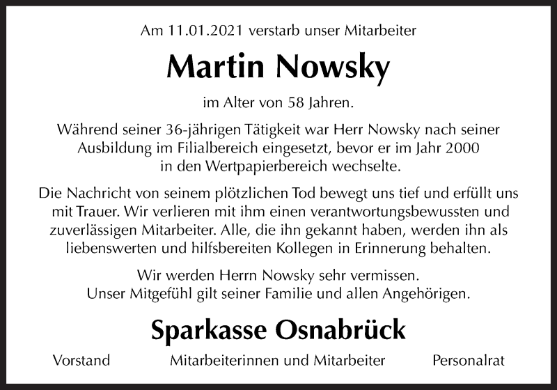  Traueranzeige für Martin Nowsky vom 25.01.2021 aus Neue Osnabrücker Zeitung GmbH & Co. KG