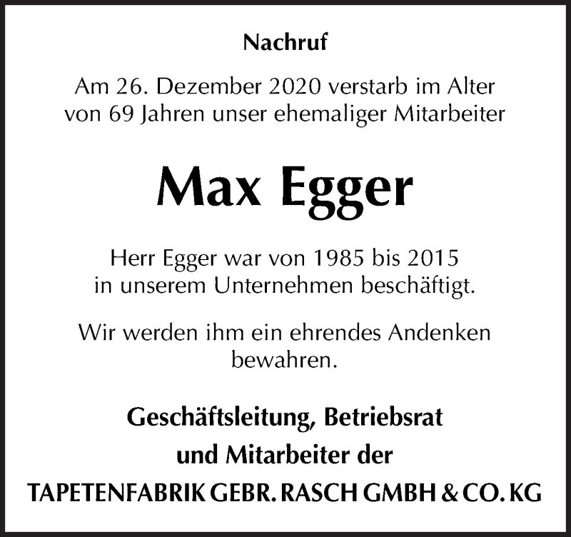  Traueranzeige für Max Egger vom 06.01.2021 aus Neue Osnabrücker Zeitung GmbH & Co. KG