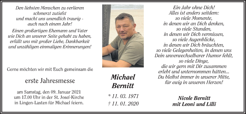  Traueranzeige für Michael Bernitt vom 06.01.2021 aus Neue Osnabrücker Zeitung GmbH & Co. KG