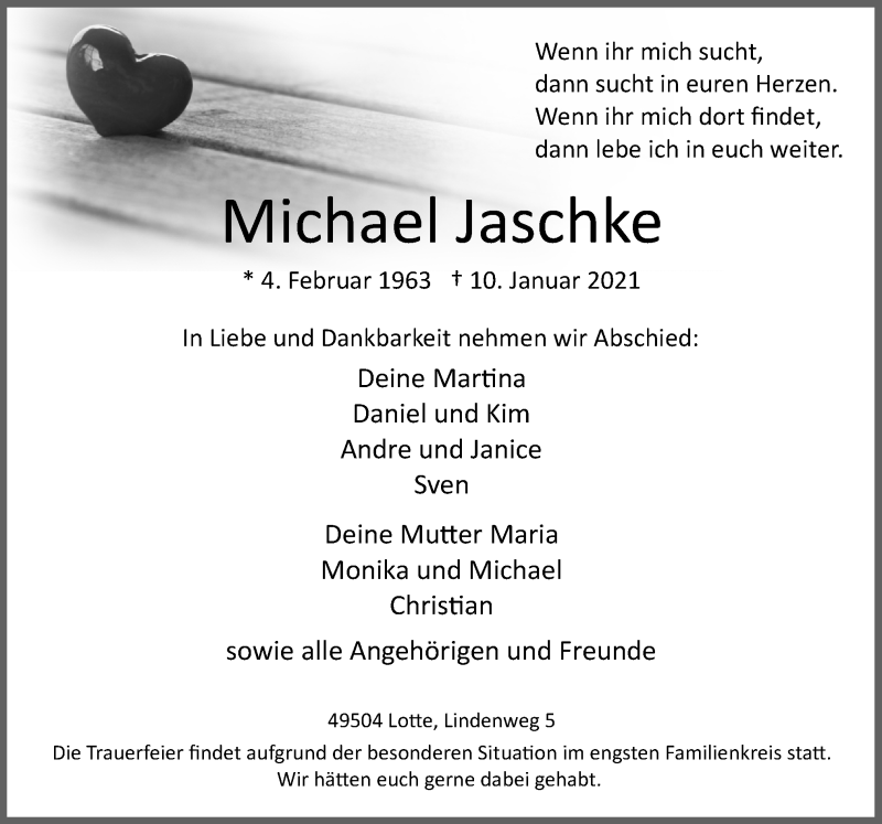  Traueranzeige für Michael Jaschke vom 16.01.2021 aus Neue Osnabrücker Zeitung GmbH & Co. KG