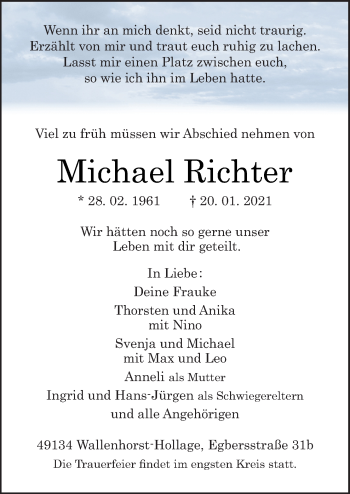 Traueranzeige von Michael Richter von Neue Osnabrücker Zeitung GmbH & Co. KG