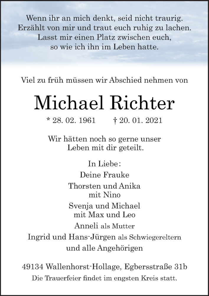  Traueranzeige für Michael Richter vom 23.01.2021 aus Neue Osnabrücker Zeitung GmbH & Co. KG