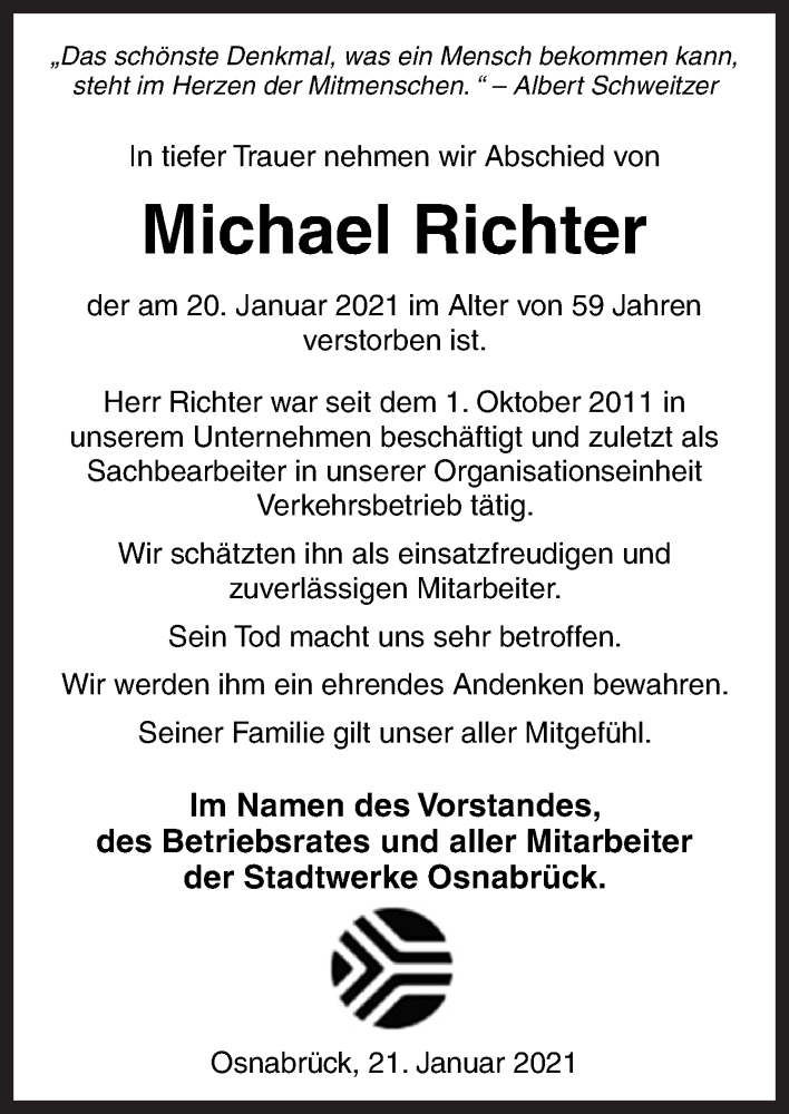  Traueranzeige für Michael Richter vom 23.01.2021 aus Neue Osnabrücker Zeitung GmbH & Co. KG