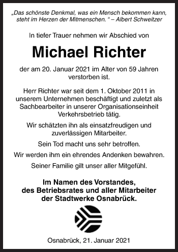 Traueranzeige von Michael Richter von Neue Osnabrücker Zeitung GmbH & Co. KG