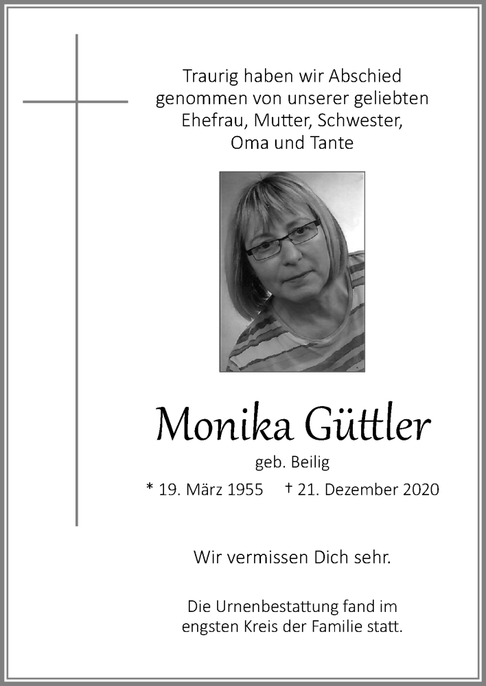  Traueranzeige für Monika Güttler vom 16.01.2021 aus Neue Osnabrücker Zeitung GmbH & Co. KG