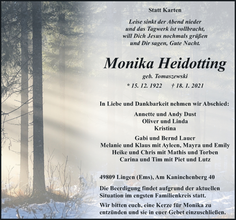  Traueranzeige für Monika Heidotting vom 21.01.2021 aus Neue Osnabrücker Zeitung GmbH & Co. KG