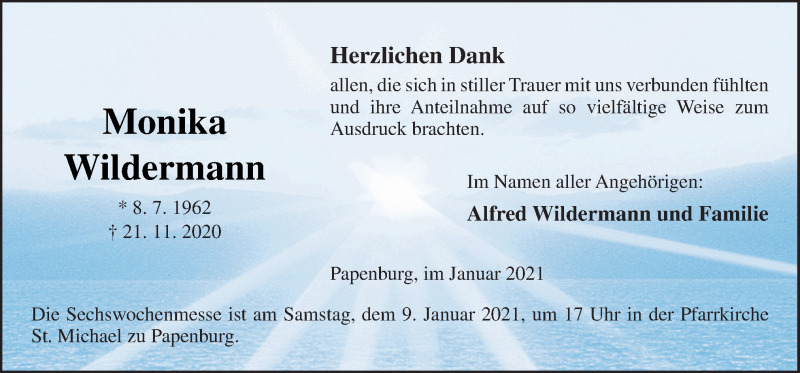  Traueranzeige für Monika Wildermann vom 06.01.2021 aus Neue Osnabrücker Zeitung GmbH & Co. KG