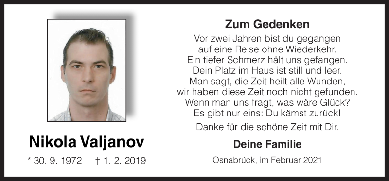  Traueranzeige für Nikola Valjanov vom 30.01.2021 aus Neue Osnabrücker Zeitung GmbH & Co. KG