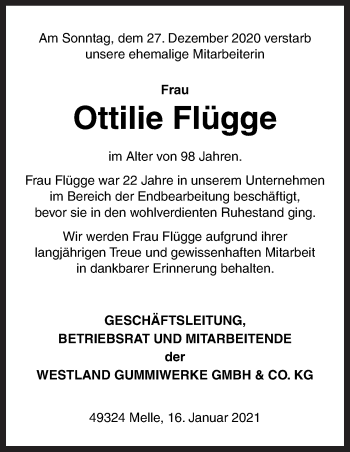 Traueranzeige von Ottilie Flügge von Neue Osnabrücker Zeitung GmbH & Co. KG