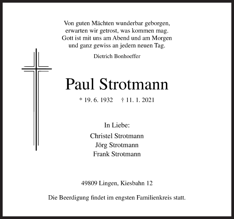  Traueranzeige für Paul Strotmann vom 16.01.2021 aus Neue Osnabrücker Zeitung GmbH & Co. KG