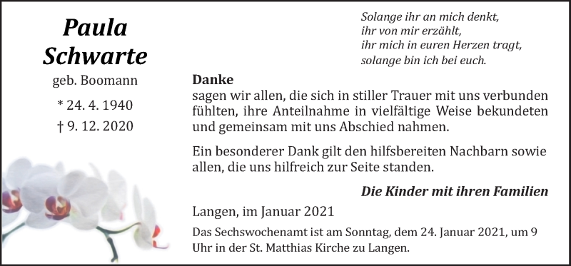 Traueranzeige für Paula Schwarte vom 20.01.2021 aus Neue Osnabrücker Zeitung GmbH & Co. KG