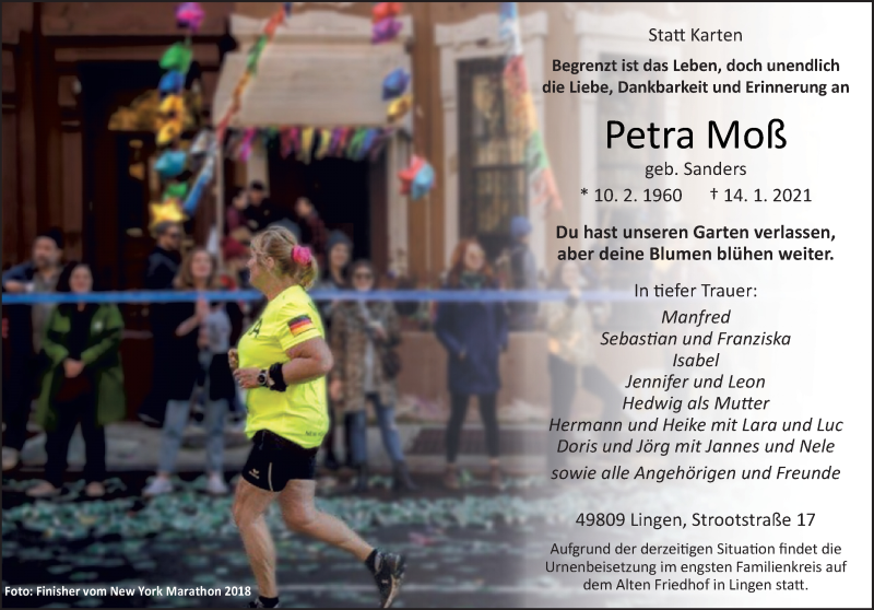 Traueranzeige für Petra Moß vom 23.01.2021 aus Neue Osnabrücker Zeitung GmbH & Co. KG