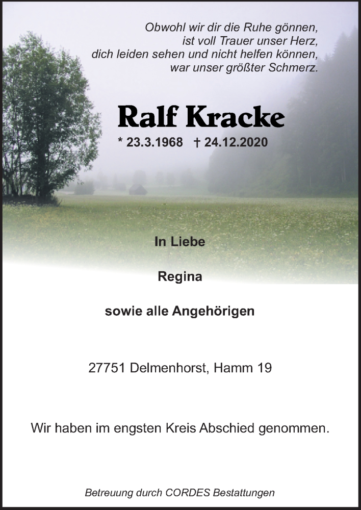  Traueranzeige für Ralf Kracke vom 16.01.2021 aus Neue Osnabrücker Zeitung GmbH & Co. KG
