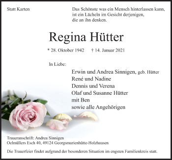 Traueranzeige von Regina Hütter von Neue Osnabrücker Zeitung GmbH & Co. KG