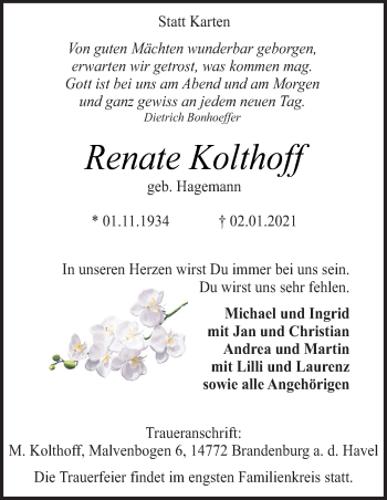 Traueranzeige von Renate Kolthoff von Neue Osnabrücker Zeitung GmbH & Co. KG