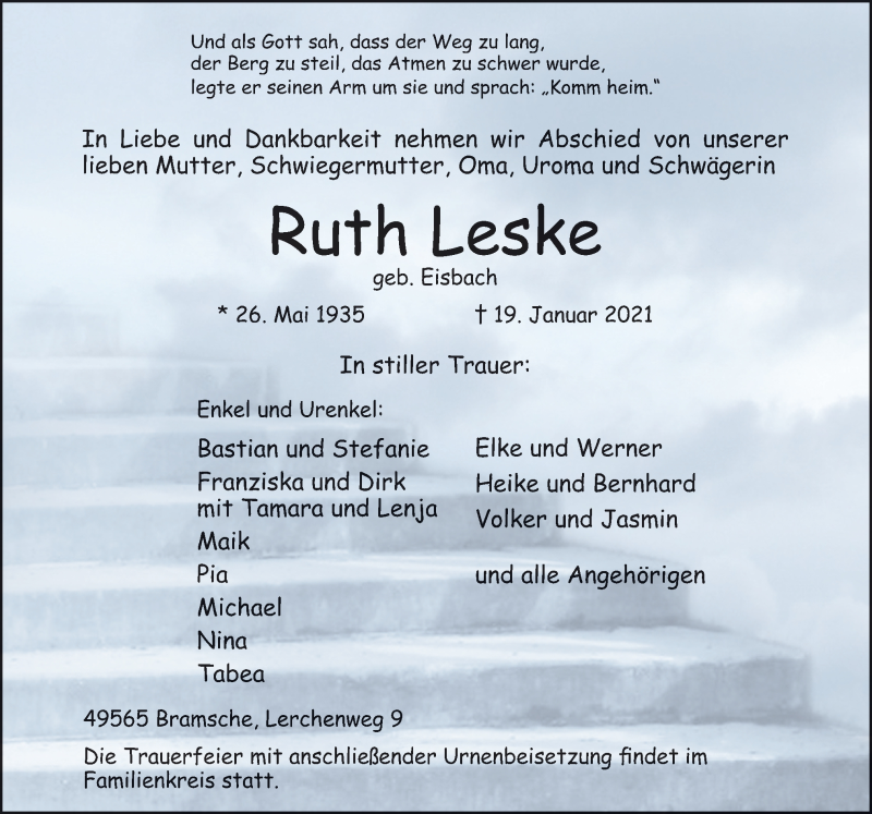  Traueranzeige für Ruth Leske vom 23.01.2021 aus Neue Osnabrücker Zeitung GmbH & Co. KG