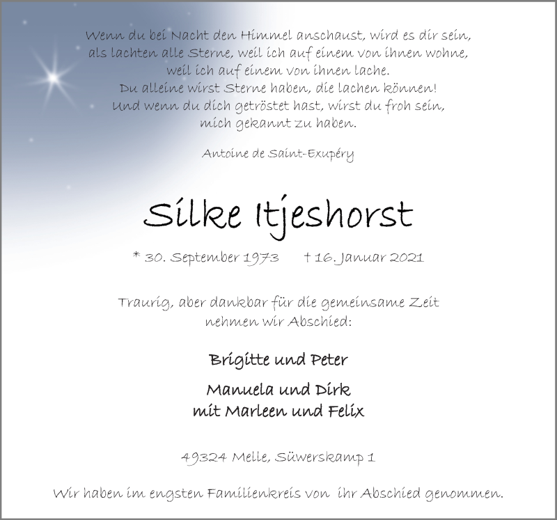  Traueranzeige für Silke Itjeshorst vom 23.01.2021 aus Neue Osnabrücker Zeitung GmbH & Co. KG