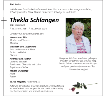 Traueranzeige von Thekla Schlangen von Neue Osnabrücker Zeitung GmbH & Co. KG