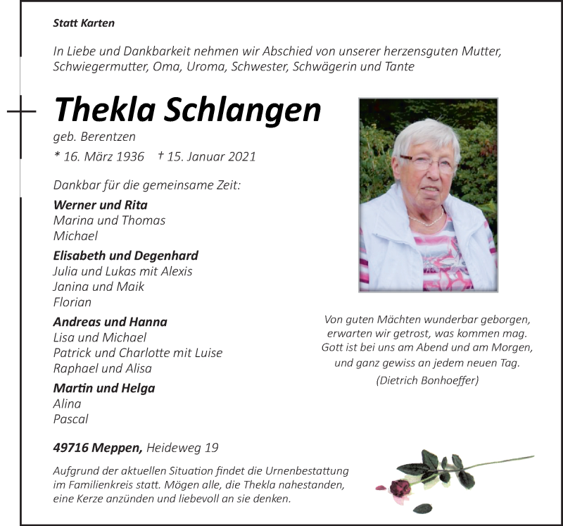  Traueranzeige für Thekla Schlangen vom 20.01.2021 aus Neue Osnabrücker Zeitung GmbH & Co. KG