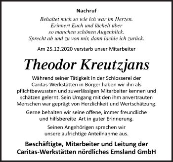 Traueranzeige von Theodor Kreutzjans von Neue Osnabrücker Zeitung GmbH & Co. KG