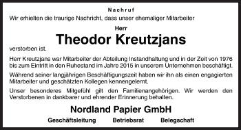 Traueranzeige von Theodor Kreutzjans von Neue Osnabrücker Zeitung GmbH & Co. KG