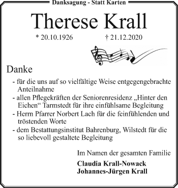 Traueranzeige von Therese Krall von Neue Osnabrücker Zeitung GmbH & Co. KG