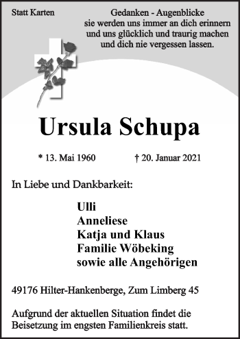 Traueranzeige von Ursula Schupa von Neue Osnabrücker Zeitung GmbH & Co. KG
