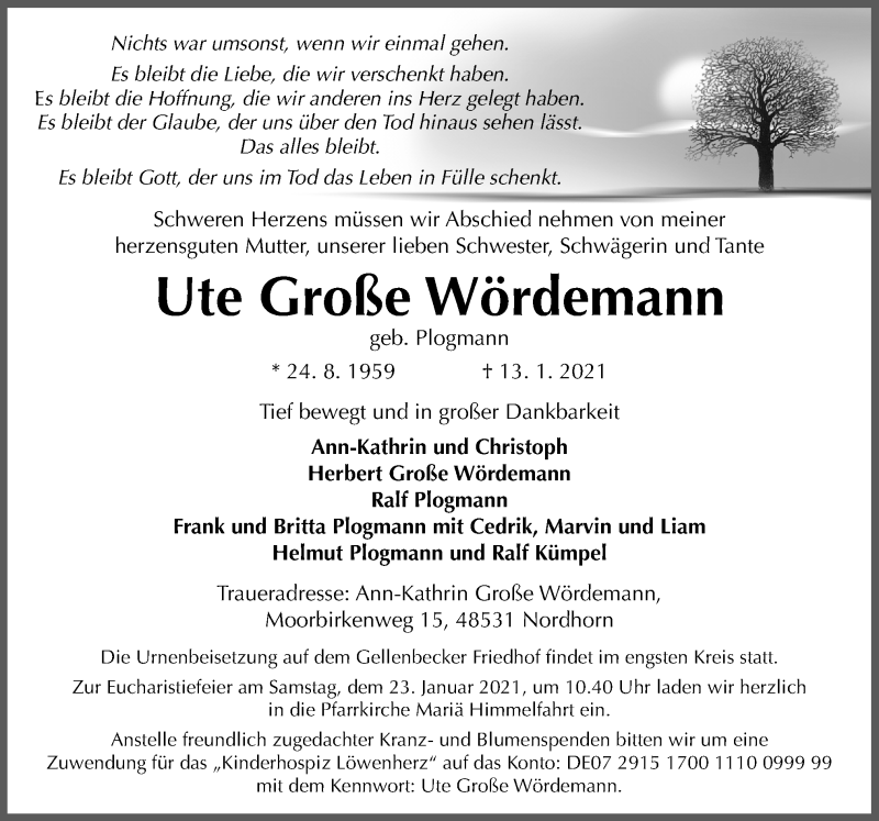  Traueranzeige für Ute Große Wördemann vom 20.01.2021 aus Neue Osnabrücker Zeitung GmbH & Co. KG