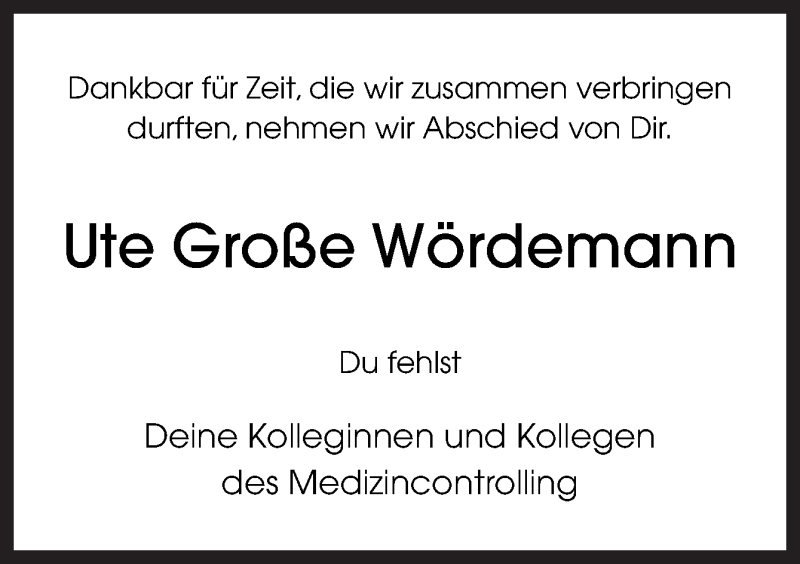  Traueranzeige für Ute Große Wördemann vom 23.01.2021 aus Neue Osnabrücker Zeitung GmbH & Co. KG
