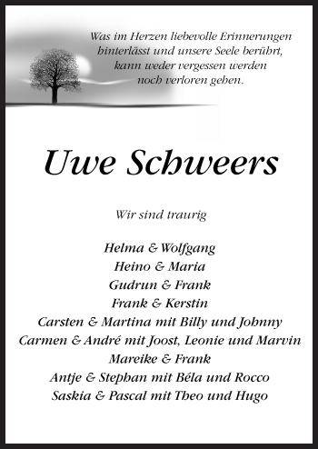 Traueranzeige von Uwe Schweers von Neue Osnabrücker Zeitung GmbH & Co. KG