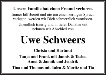 Traueranzeige von Uwe Schweers von Neue Osnabrücker Zeitung GmbH & Co. KG