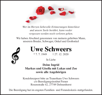 Traueranzeige von Uwe Schweers von Neue Osnabrücker Zeitung GmbH & Co. KG