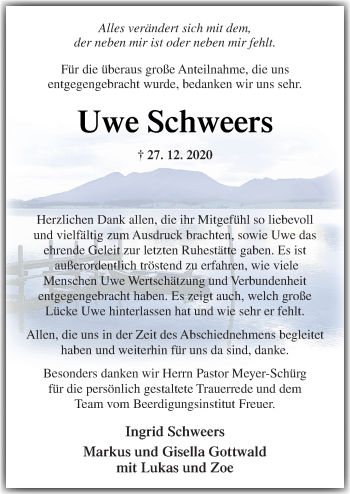 Traueranzeige von Uwe Schweers von Neue Osnabrücker Zeitung GmbH & Co. KG