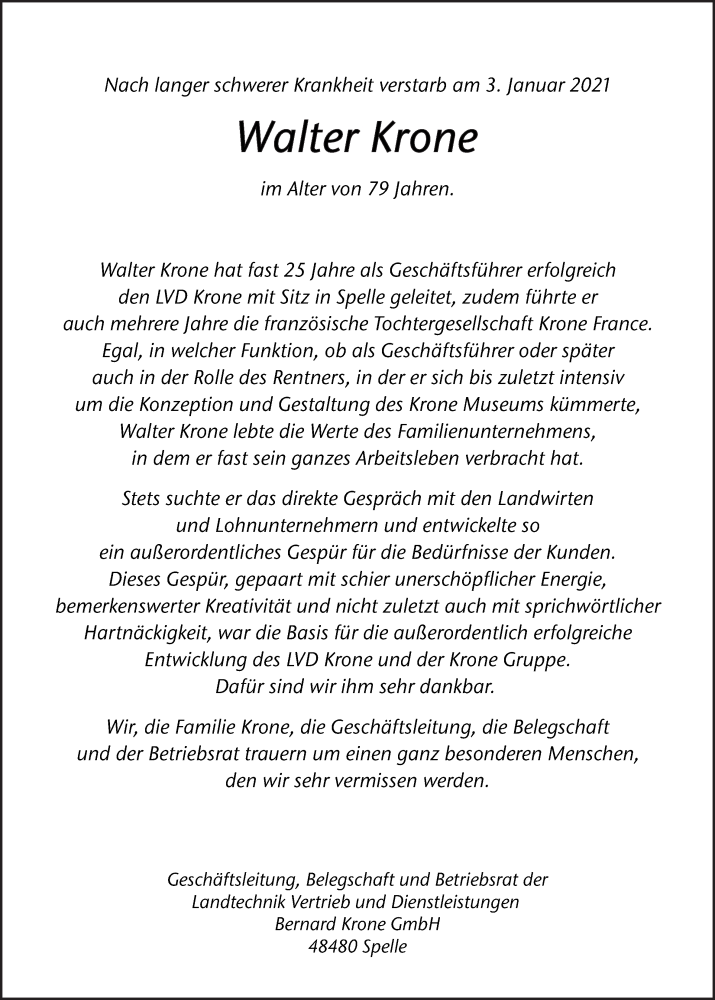  Traueranzeige für Walter Krone vom 06.01.2021 aus Neue Osnabrücker Zeitung GmbH & Co. KG