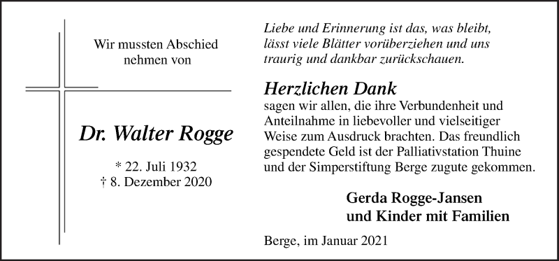  Traueranzeige für Walter Rogge vom 16.01.2021 aus Neue Osnabrücker Zeitung GmbH & Co. KG