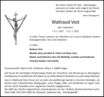 Traueranzeige von Waltraud Vest von Neue Osnabrücker Zeitung GmbH & Co. KG