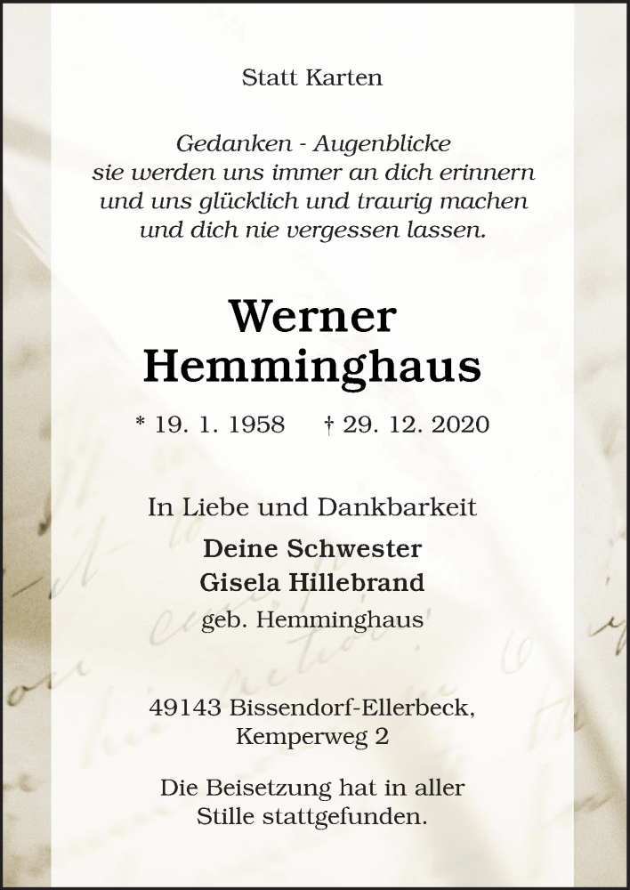  Traueranzeige für Werner Hemminghaus vom 09.01.2021 aus Neue Osnabrücker Zeitung GmbH & Co. KG