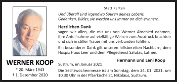 Traueranzeige von Werner Koop von Neue Osnabrücker Zeitung GmbH & Co. KG