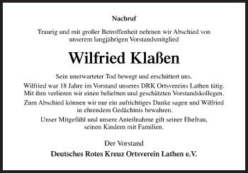 Traueranzeige von Wilfried Klaßen von Neue Osnabrücker Zeitung GmbH & Co. KG