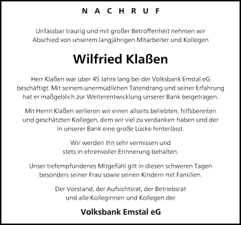 Traueranzeige von Wilfried Klaßen von Neue Osnabrücker Zeitung GmbH & Co. KG