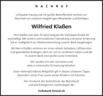 Traueranzeige von Wilfried Klaßen von Neue Osnabrücker Zeitung GmbH & Co. KG