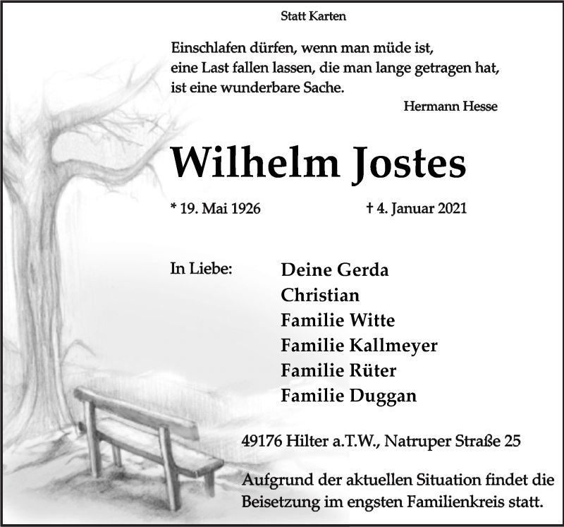  Traueranzeige für Wilhelm Jostes vom 09.01.2021 aus Neue Osnabrücker Zeitung GmbH & Co. KG